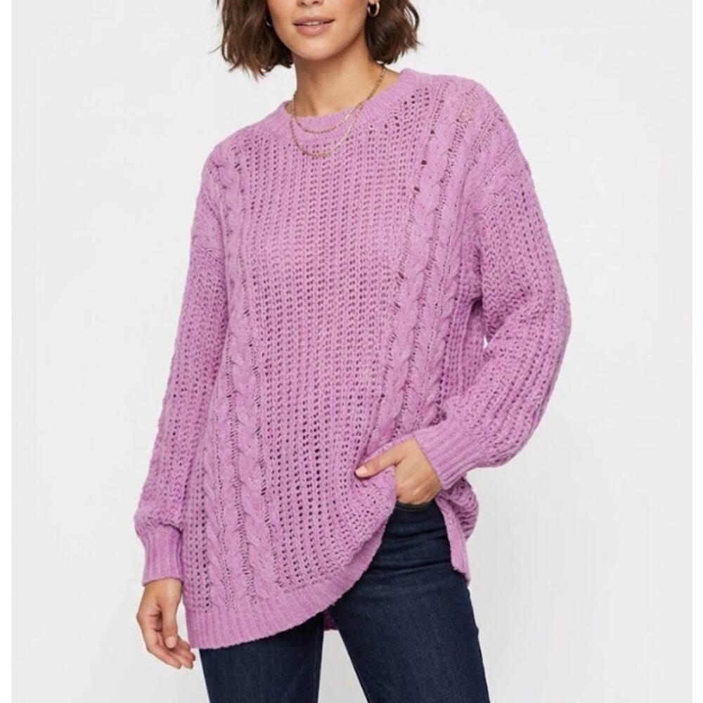PINK LILY Oversized Cable Knit Sweater Crew Neck Pullover Purple Womens Size S